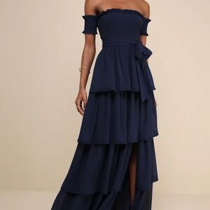 Stunning Poise Navy Off-the-Shoulder Smocked Tiered Maxi Dress